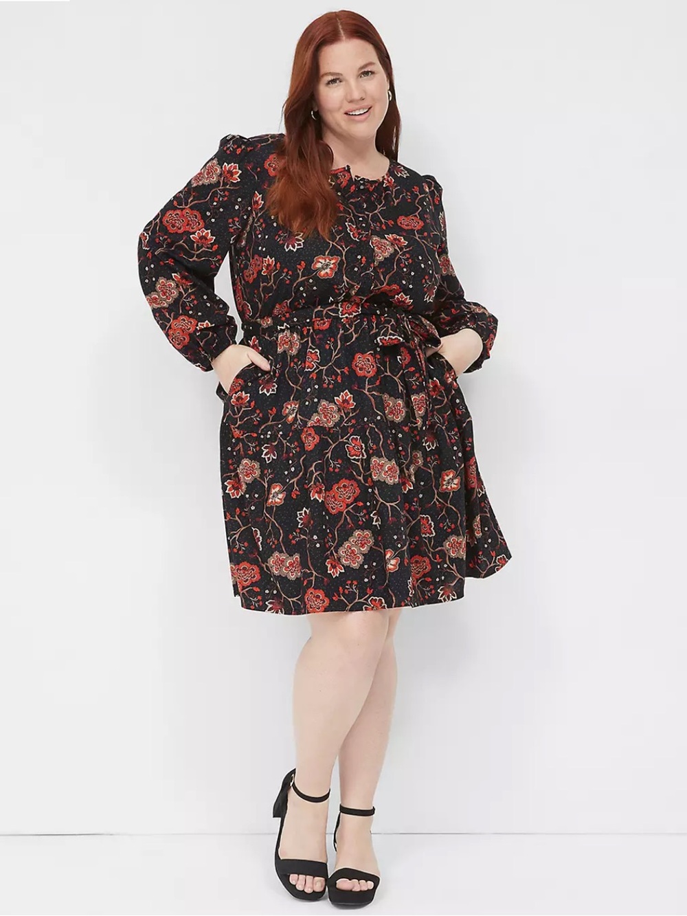 Lane Bryant Button Down Bodice Tiered Fit & Flare Dress Black Floral Size 22